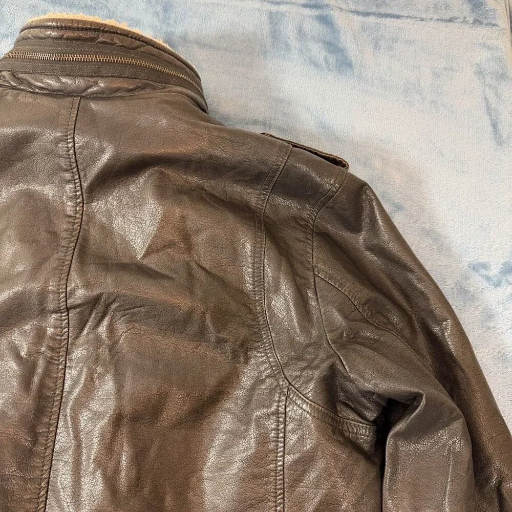 Levis Mens Faux Leather Sherpa Jacket XL Brown Aviator Bomber Utility NO PEELING
